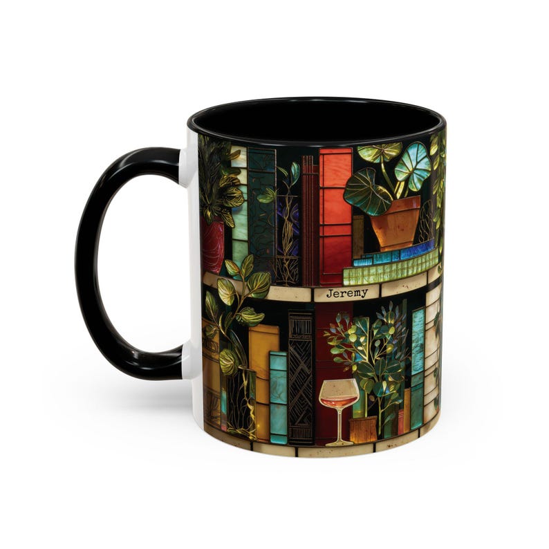 Personalized Book Lover Mug, Custom Name Stained Glass Library Coffee Cup, Reader Gift For Her, Bookworm Gift, Plant Lady Wine Book Mug