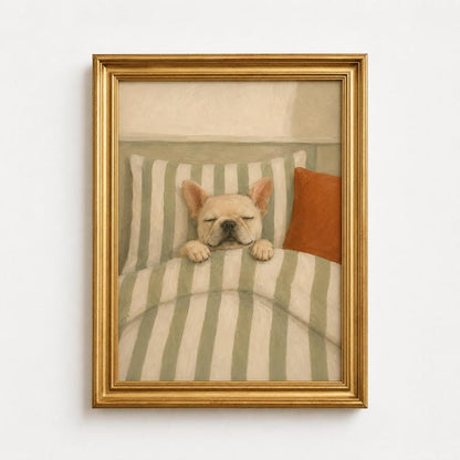 Sleeping French Bulldog Oil Painting Poster, Frenchie Asleep in Bed Print, Sage Green Bedroom Wall Art, Vintage Dog Decor, Frenchie Gift