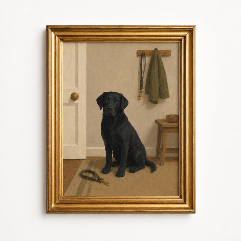 Black Labrador Oil Painting Poster, Lab Waiting by Door with Leash Print, Neutral Entryway Wall Art, Vintage Mudroom Decor, Dog Lover Gift