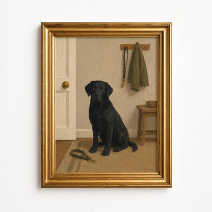 Black Labrador Oil Painting Poster, Lab Waiting by Door with Leash Print, Neutral Entryway Wall Art, Vintage Mudroom Decor, Dog Lover Gift