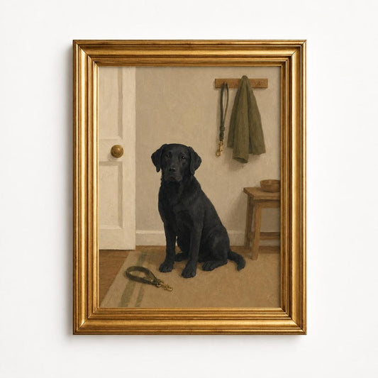 Black Labrador Oil Painting Poster, Lab Waiting by Door with Leash Print, Neutral Entryway Wall Art, Vintage Mudroom Decor, Dog Lover Gift