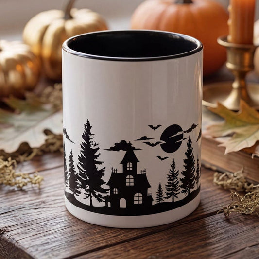 Minimalist Halloween Mug, Haunted House Coffee Mug, Spooky Forest Mug, Ghost Halloween Cup, Fall Coffee Mug, Gothic Mug Gift