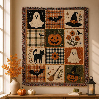 Halloween Patchwork Woven Blanket, Ghost Pumpkin Black Cat Throw, Vintage Spooky Blanket, Fall Cottagecore Home Decor B1IL10-RD