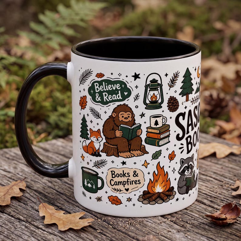 Sasquatch Book Club Mug, Bigfoot Coffee Mug, Funny Book Lover Gift, Reader Mug Gift, Cryptid Mug, Books and Campfires Mug, Forest Reads