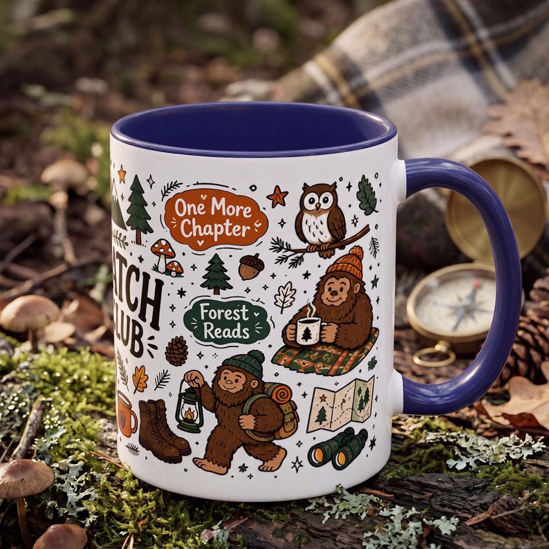 Sasquatch Book Club Mug, Bigfoot Coffee Mug, Funny Book Lover Gift, Reader Mug Gift, Cryptid Mug, Books and Campfires Mug, Forest Reads