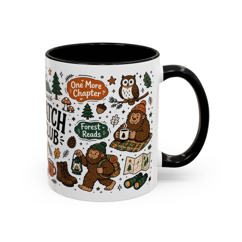 Sasquatch Book Club Mug, Bigfoot Coffee Mug, Funny Book Lover Gift, Reader Mug Gift, Cryptid Mug, Books and Campfires Mug, Forest Reads