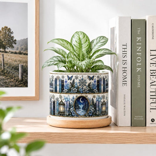 Snow Winter Plant Pot, Snow & Floral Library, Book Lover Flower Pot, Teacher Gift, Bookworm Gifts, Reading Christmas Book Lover Gift