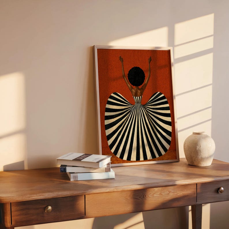 Black Woman in Striped Dress Art Print, Afrocentric Dancer Wall Decor, Vibrant Fashion Poster, Modern Mid Century African American Decor