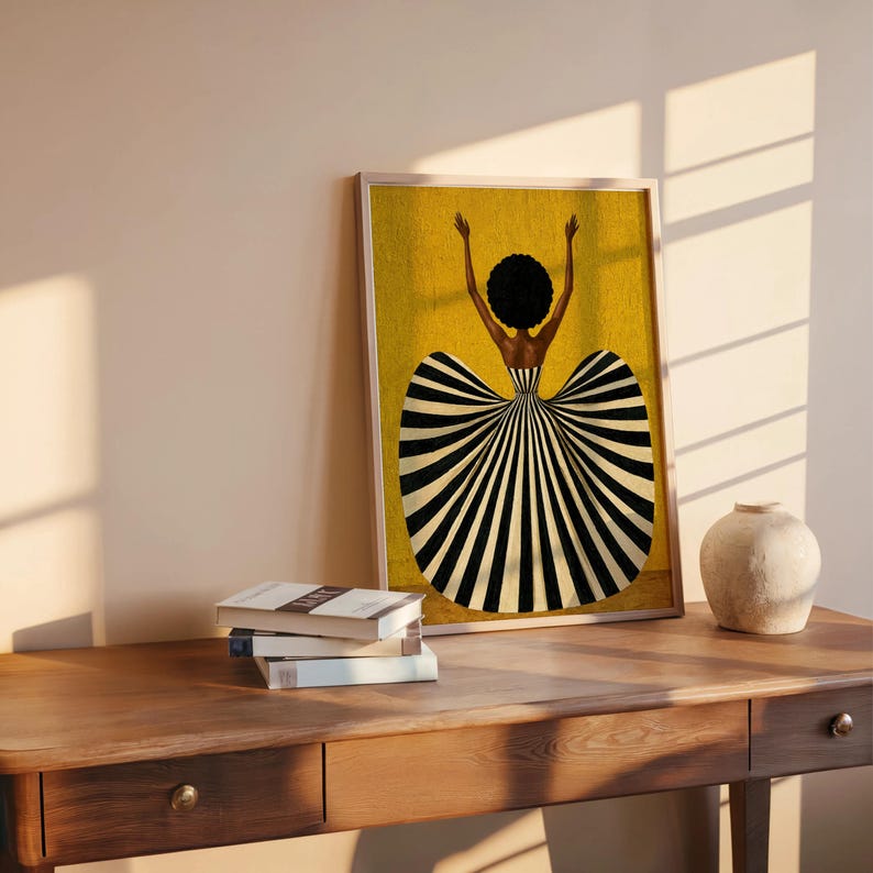 Black Woman in Striped Dress Art Print, Afrocentric Dancer Wall Decor, Vibrant Fashion Poster, Modern Mid Century African American Decor