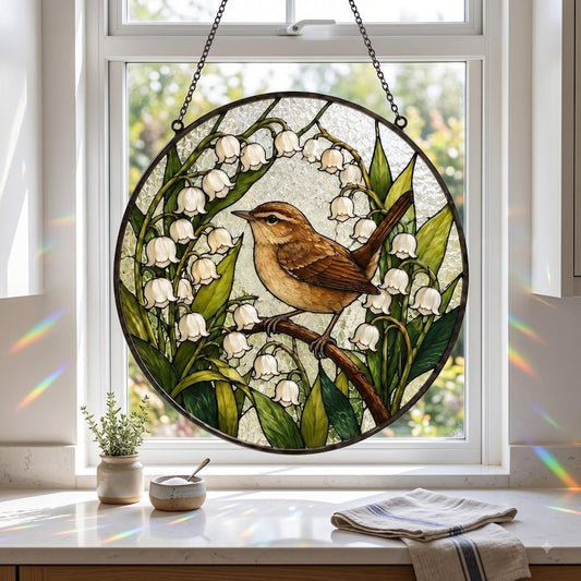 Wren Bird Stained Glass Suncatcher, Lily of the Valley Window Hanging, Handmade Bird Lover Gift, Nature Home Decor