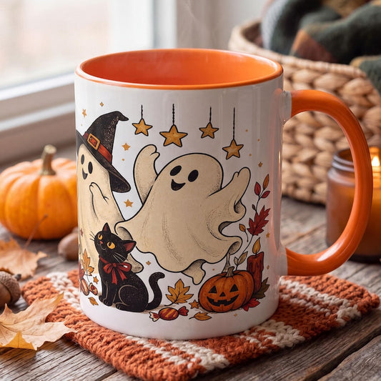 Cute Ghost Halloween Mug, Vintage Ghost Coffee Mug, Black Cat Halloween Mug, Cozy Fall Mug, Pumpkin Ghost Cup, Spooky Cute Mug Gift