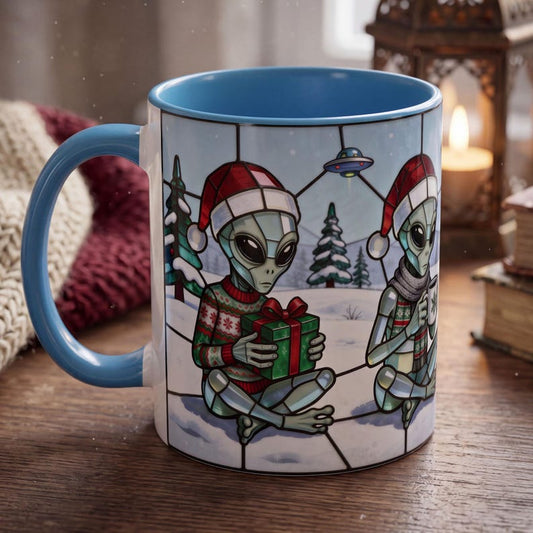 Christmas Alien Mug, Stained Glass Santa Mug, Funny Alien Coffee Mug, Cute Holiday Gift, Santa Hat Alien Mug, Winter Coffee Cup, UFO Gift