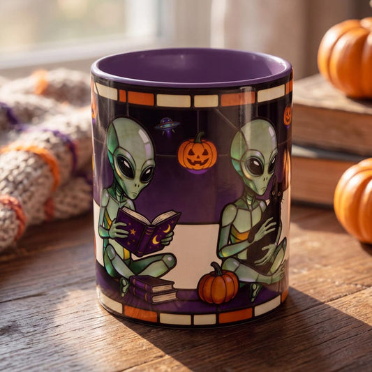 Halloween Alien Mug, Stained Glass Alien Mug, Funny Alien Coffee Mug, Spooky Season Gift, Witch Alien Mug, Halloween Coffee Cup