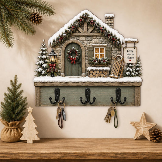 Wooden Christmas Cottage Key Holder, Rustic Winter Wall Decor, Entryway Organizer