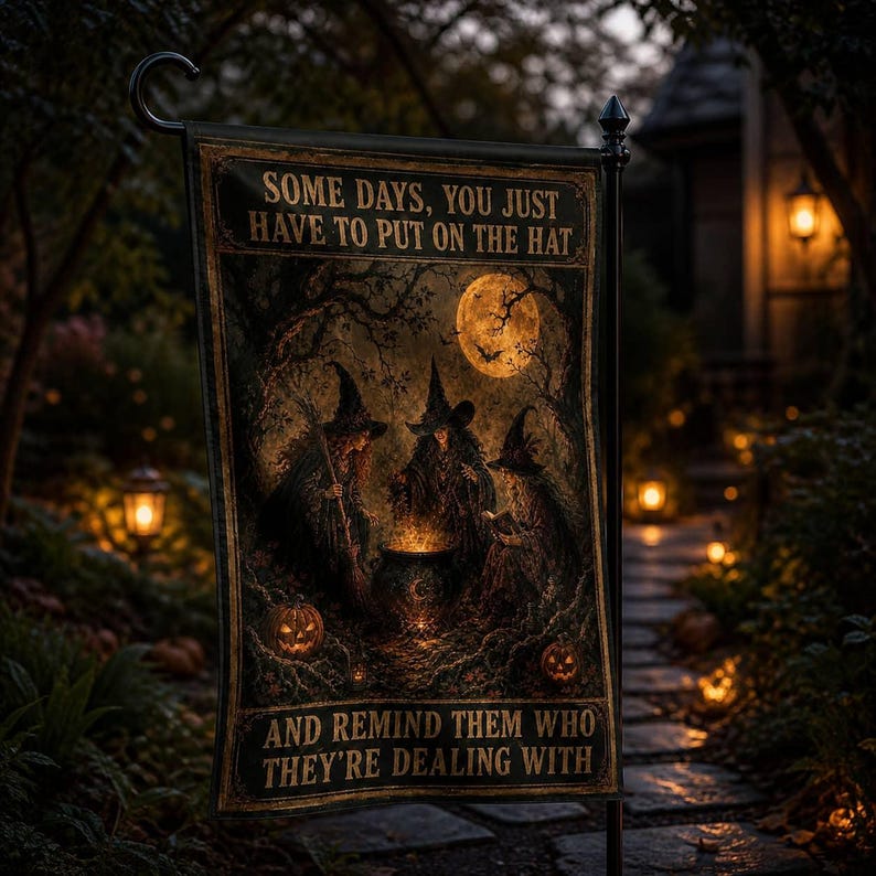 Black Halloween Garden Flag with Witches, Cauldron, Pumpkins and Moon