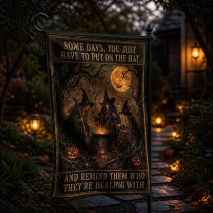Black Halloween Garden Flag with Witches, Cauldron, Pumpkins and Moon