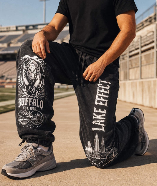 Buffalo Football Sweatpants, Vintage City Heritage Joggers, Gothic Streetwear Pants, Heavyweight Washed Black Y2K Unisex Gift.