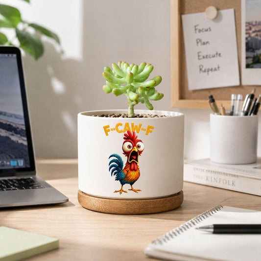 Funny F-Caw-F Chicken Plant Pot, Chicken Meme Farm Pot Humorous, Rooster Humor Gift For Friend, Coworker, Chicken Lover Farmer Gag Gift