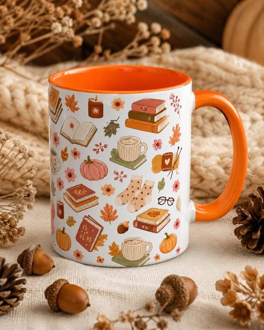 Cozy Autumn Book Lover Mug, Fall Pumpkin Spice Reading Cup, Cottagecore 11oz