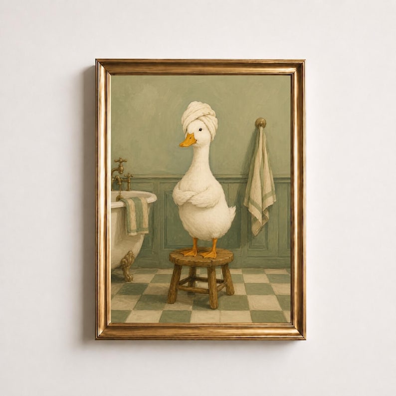 Funny Bathroom Duck Wall Art, Duck in Towel Turban Print, Sage Green Bath Art, Vintage Powder Room Decor, Spa Duck Poster, Funny Bath Gift