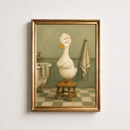Funny Bathroom Duck Wall Art, Duck in Towel Turban Print, Sage Green Bath Art, Vintage Powder Room Decor, Spa Duck Poster, Funny Bath Gift