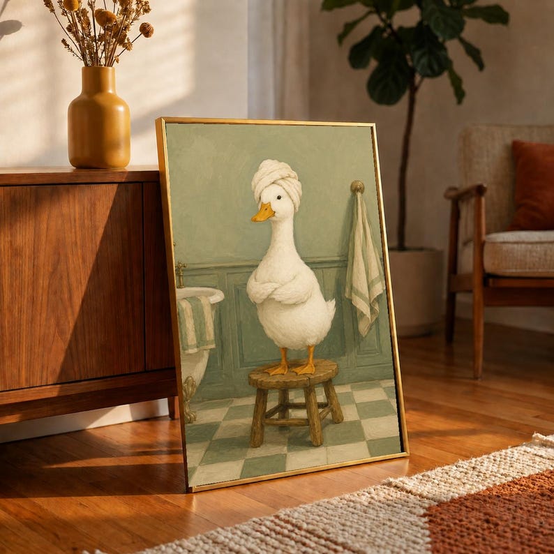 Funny Bathroom Duck Wall Art, Duck in Towel Turban Print, Sage Green Bath Art, Vintage Powder Room Decor, Spa Duck Poster, Funny Bath Gift