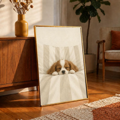 Sleeping Cavalier Spaniel Oil Painting, Puppy in Bed Print, Beige Nursery Wall Art, Neutral Bedroom Decor, Vintage Dog Print, Puppy Gift