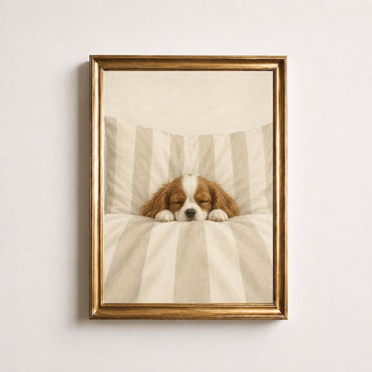 Sleeping Cavalier Spaniel Oil Painting, Puppy in Bed Print, Beige Nursery Wall Art, Neutral Bedroom Decor, Vintage Dog Print, Puppy Gift