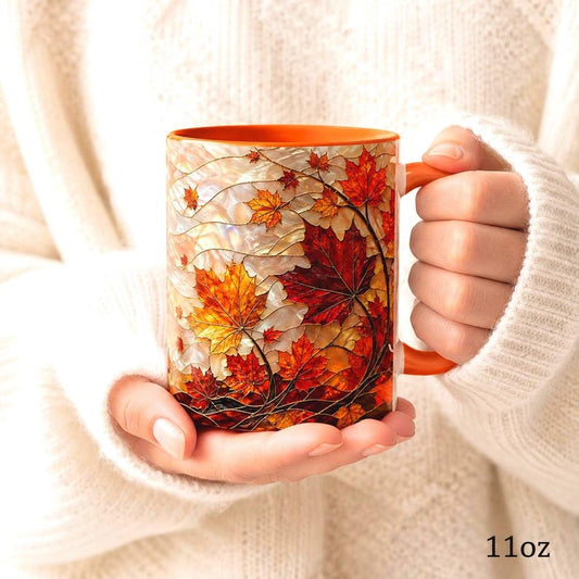 Stained Glass Autumn Leaves Mug, Fall Coffee Cup, Cozy Nature Gift
