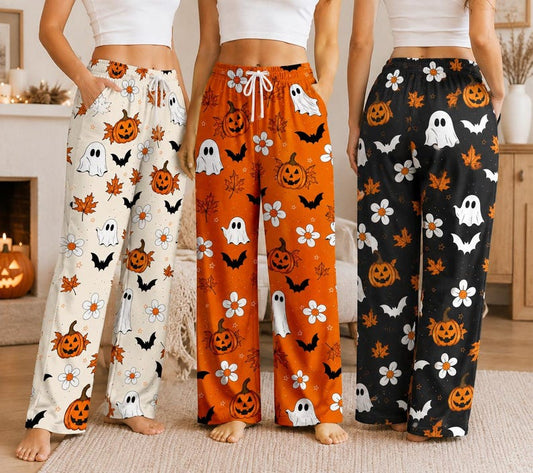 Ghost Pumpkin Halloween Pajama Pants, Women's Wide Leg Pajama Pants, Cute Spooky Lounge Pants, Halloween Gift for Her, Fall Sleepwear