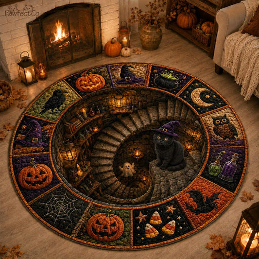 3D Quilted Halloween Round Rug, Optical Illusion Vortex Carpet, Black Cat Witch Floor Mat, Pumpkin Raven Magic Doormat, Fall Home Decor
