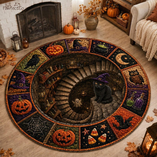 3D Quilted Halloween Round Rug, Optical Illusion Vortex Carpet, Black Cat Witch Floor Mat, Pumpkin Raven Magic Doormat, Fall Home Decor