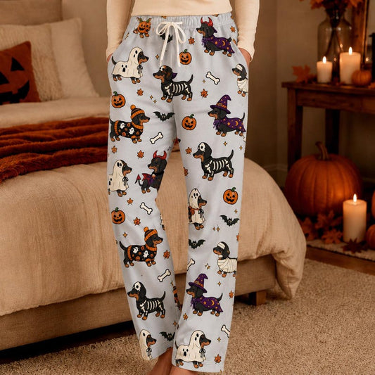Halloween Dachshund Pajama Pants, Wiener Dog Halloween PJs, Spooky Dog Wide Leg Lounge Pants, Pumpkin Sausage Dog Pajamas, Dog Mom Gift