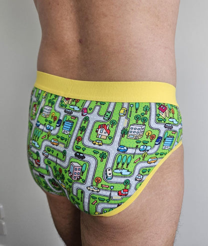 Men's Childhood-Inspired "Traffic" Design Briefs | Cartoon Traffic Print, Yellow Waistband
