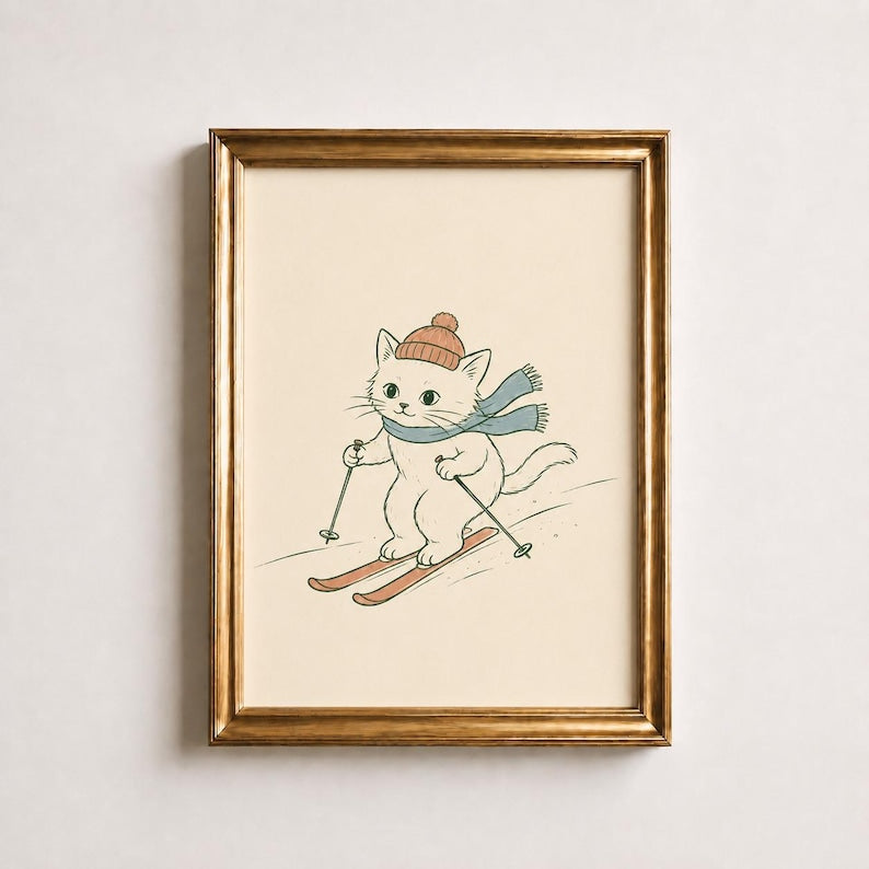 Skiing Kitten Poster, Cat on Skis Print, Cozy Winter Nursery Wall Art, Cute Kids Cabin Decor, Retro Ski Lodge Print, Baby Shower Gift