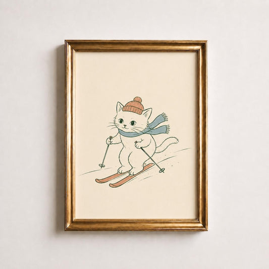 Skiing Kitten Poster, Cat on Skis Print, Cozy Winter Nursery Wall Art, Cute Kids Cabin Decor, Retro Ski Lodge Print, Baby Shower Gift