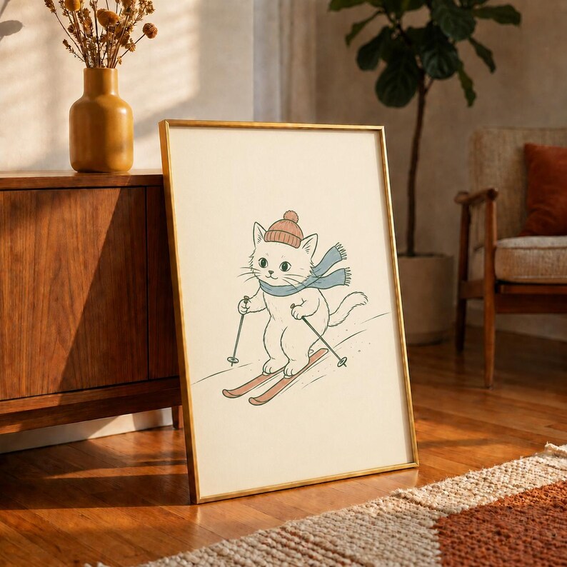 Skiing Kitten Poster, Cat on Skis Print, Cozy Winter Nursery Wall Art, Cute Kids Cabin Decor, Retro Ski Lodge Print, Baby Shower Gift