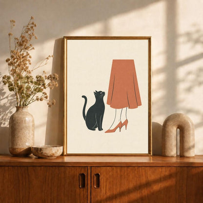 Black Cat Poster, Cat and Woman Print, Mid Century Modern Wall Art, Retro Fashion Decor Print, Terracotta Cat Wall Art, Cat Lover Gift