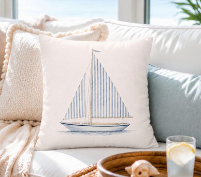 Striped Sailboat Pillow Cover, Nautical Throw Pillowcase, Coastal Cottage Sailing Home Decor, Beach House Accent, Lake House Cushion Case