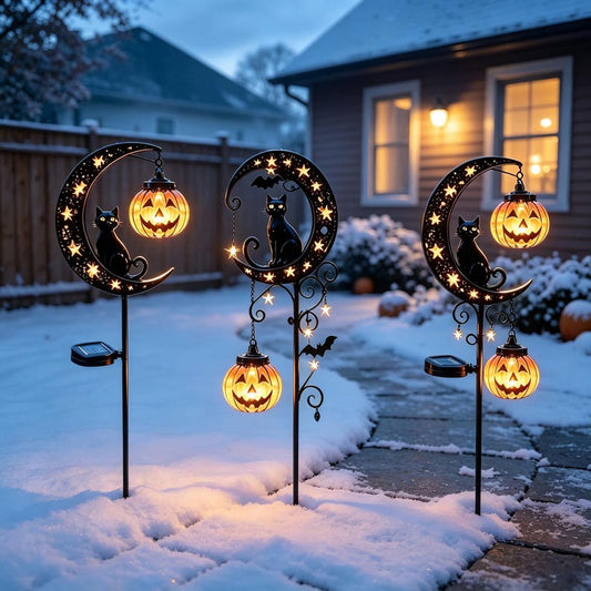 Halloween Solar Garden Stake Light, Pathway Lawn Accent, Black Cat Crescent Moon Pumpkin Lantern, Metal Outdoor Yard Decor