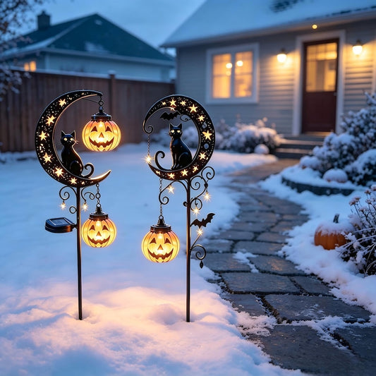 Halloween Solar Garden Stake Light, Pathway Lawn Accent, Black Cat Crescent Moon Pumpkin Lantern, Metal Outdoor Yard Decor