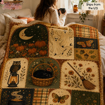 Vintage Halloween Flannel Blanket, Ghost Pumpkin Black Cat Throw, Owl Witchy Fall Decor, Cottagecore Autumn Blanket, Spooky Halloween Gift