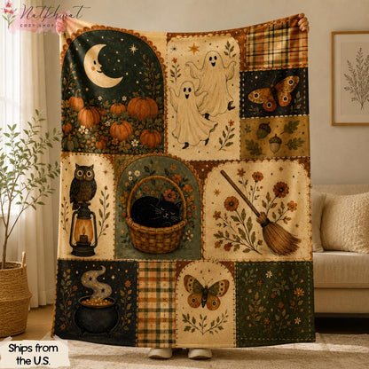 Vintage Halloween Flannel Blanket, Ghost Pumpkin Black Cat Throw, Owl Witchy Fall Decor, Cottagecore Autumn Blanket, Spooky Halloween Gift