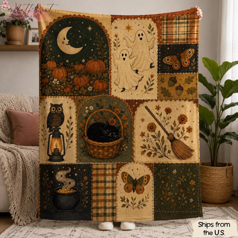 Vintage Halloween Flannel Blanket, Ghost Pumpkin Black Cat Throw, Owl Witchy Fall Decor, Cottagecore Autumn Blanket, Spooky Halloween Gift