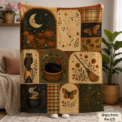 Vintage Halloween Flannel Blanket, Ghost Pumpkin Black Cat Throw, Owl Witchy Fall Decor, Cottagecore Autumn Blanket, Spooky Halloween Gift
