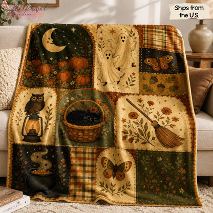 Vintage Halloween Flannel Blanket, Ghost Pumpkin Black Cat Throw, Owl Witchy Fall Decor, Cottagecore Autumn Blanket, Spooky Halloween Gift