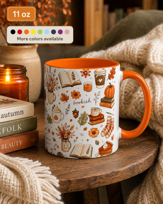Autumn Book Lover Mug, Cozy Reading Coffee Cup, Cottagecore Fall Pattern