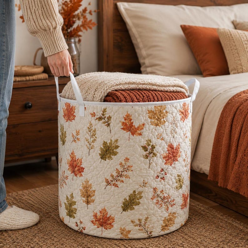 Quilted Laundry Basket, Fall Leaves Hamper, Autumn Farmhouse Storage Basket, Bedroom Organizer, Laundry Room Decor, Rustic Fall Home Decor