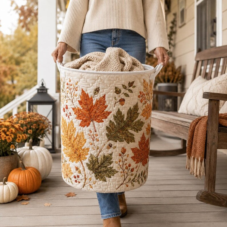 Quilted Laundry Basket, Fall Leaves Hamper, Autumn Farmhouse Storage Basket, Bedroom Organizer, Laundry Room Decor, Rustic Fall Home Decor