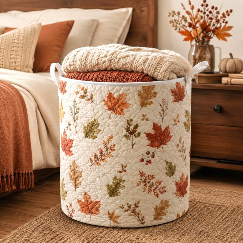 Quilted Laundry Basket, Fall Leaves Hamper, Autumn Farmhouse Storage Basket, Bedroom Organizer, Laundry Room Decor, Rustic Fall Home Decor